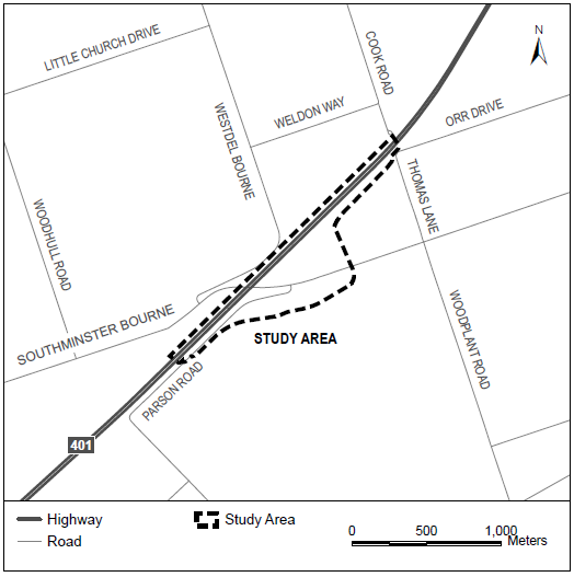 The Study Area for the new interchange ramps at Highway 401 and Southminster Bourne, on the south side of Highway 401, centralized around Southminster Bourne and Parson Road.